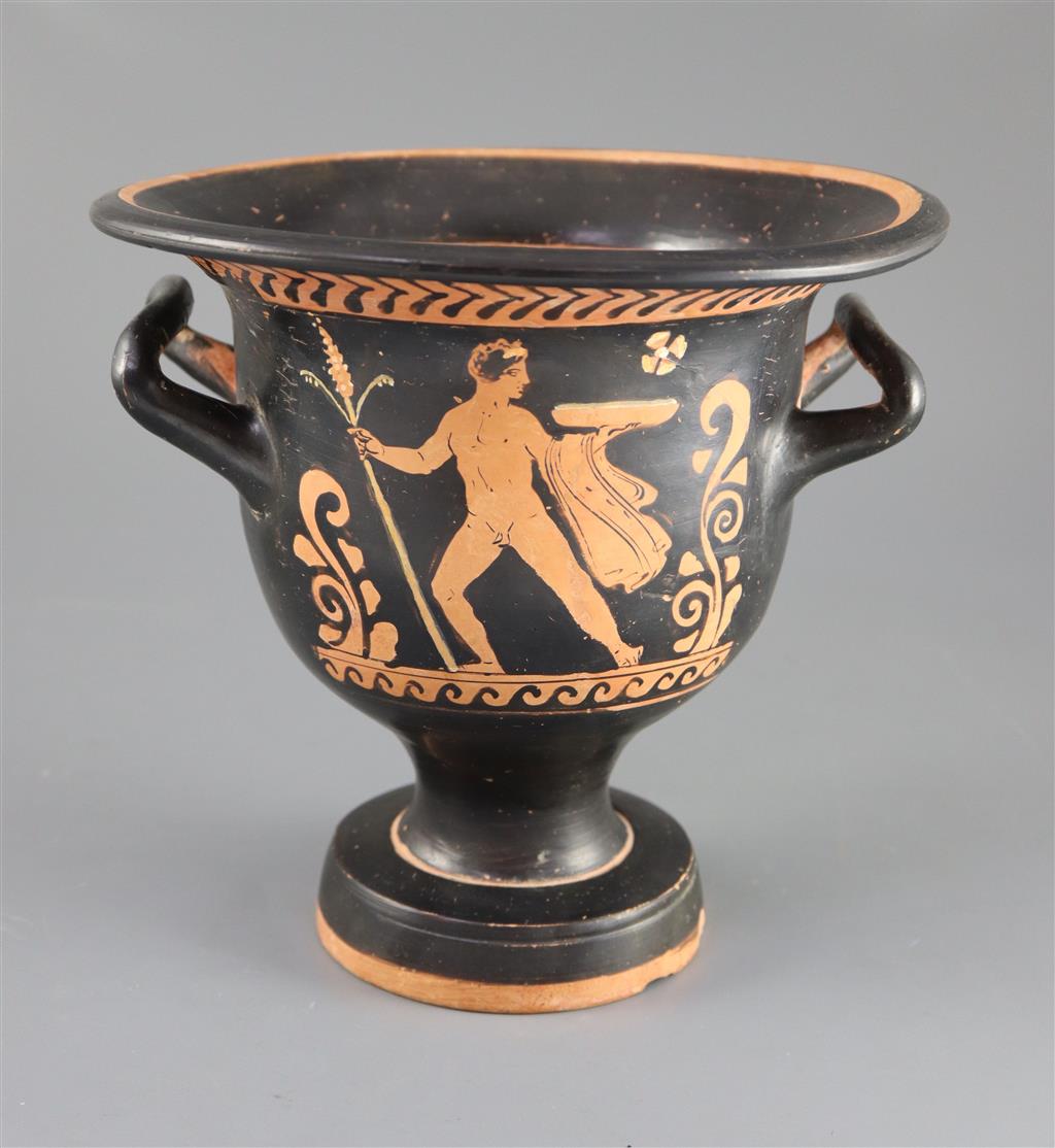 An Apulian red figure bell krater, Southern Italy c. 4th century BC, 21.5cm high, 22.5cm diameter